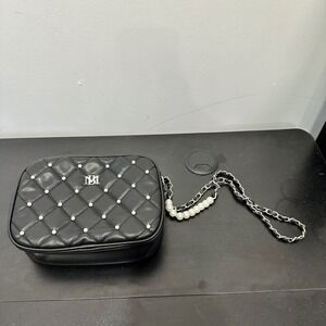 Badgley‎ Mischka Camera Bag Diamond Quilted Pearls Chain Strap Vegan Leather